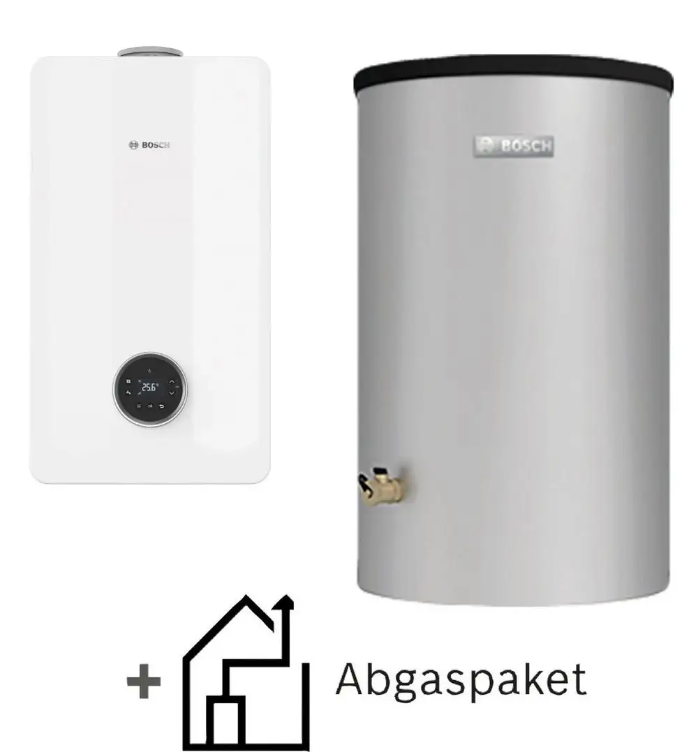 Bosch Gasgerät kombiniert mit einem silbernen Speicher, beide Geräte vertikal angeordnet, mit einem Symbol für ein Abgassystem in der unteren linken Ecke.